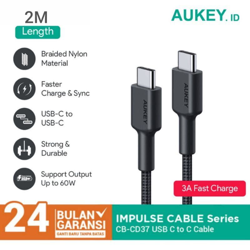 Charger Aukey CB-CD37 USB C to C Nylon 3A Fast Charge 2m original
