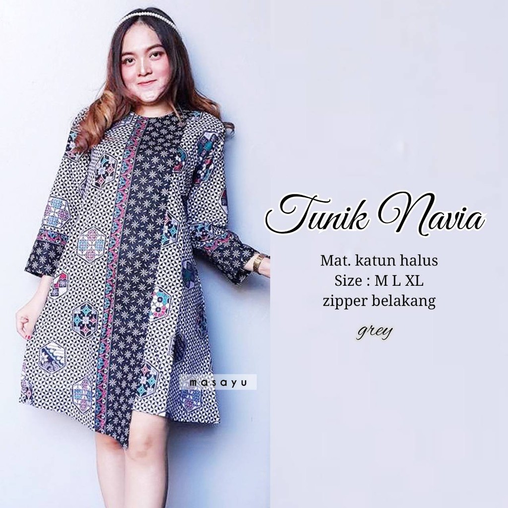 Navia Grey Mono Batik Modern Midi Dress Casual Kerja Seragam Kantor Muslim