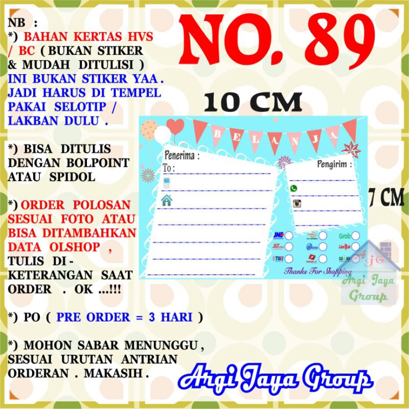 

Label Pengiriman Alamat Olshop Murah Nomer 89 - 10x7cm - Kertas BC (Manila)