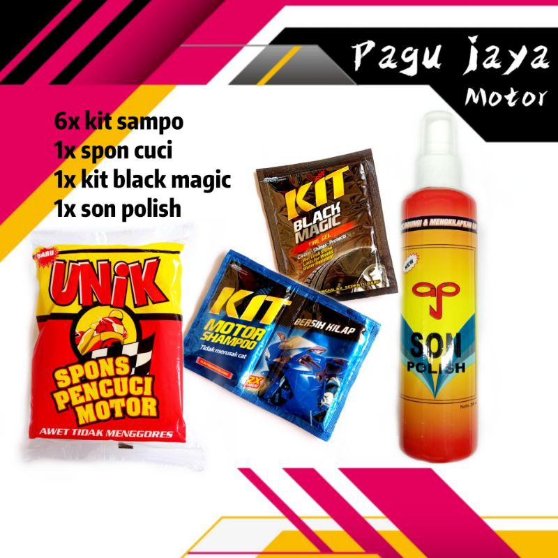paket cuci motor hemat dan bersih (6 shampo biru , 1 sonpolish, 1 black magic sachet , 1 spon cuci)