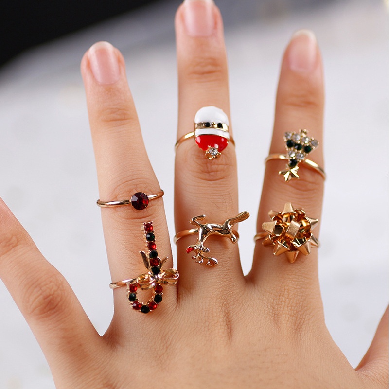 [6 Pcs] Set Cincin Christmas Alloy Untuk Wanita / Set Cincin Natal / Cincin Santa Claus Korean Impor