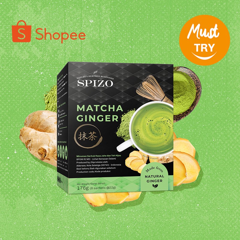 Matcha Ginger - Jahe Matcha / Teh Hijau Minuman Bubuk (Kemasan Box 176 g/8 sachet @22 g)