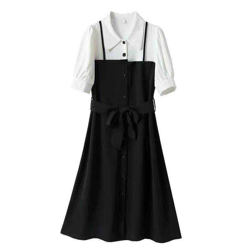 [littlecrab] Dress Oversize Kasual Fake 2 Set Fake Collar Berkualitas Dress Kemeja Berkerah Hitam Putih Dress Panjang Lengan Pendek Simple Elegan High Quality Dress Korean Style