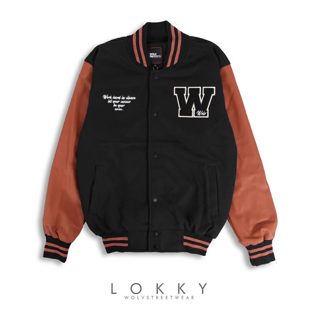 [BISA COD] Jaket Baseball Varsity Pria Wanita Black Lokky, With Premium Leather Material (Original 100%)