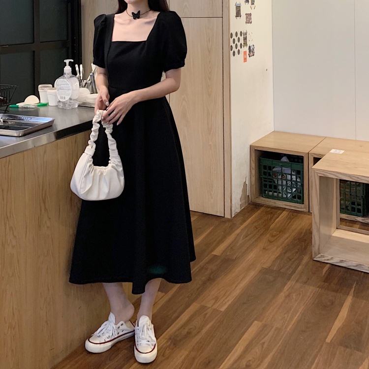 Dress Busana Wanita Lengan Pendek Korean Style Midi Kerah Persegi Minimalis Fashion