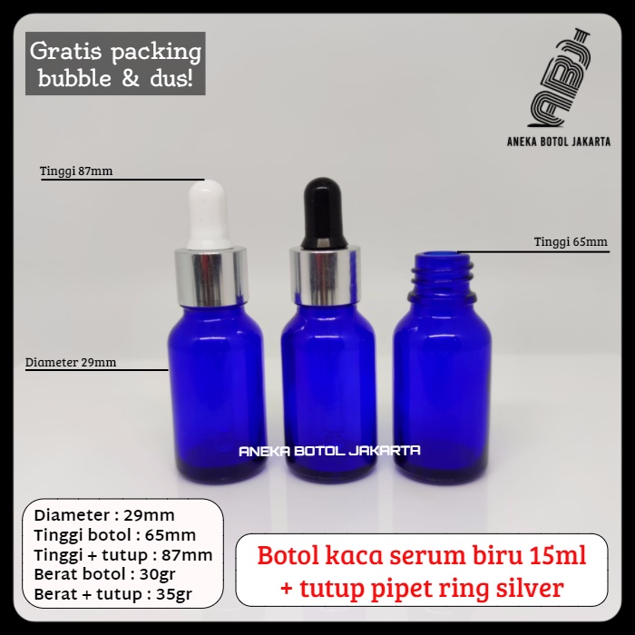 Botol kaca serum biru 15ml pipet tetes ring silver