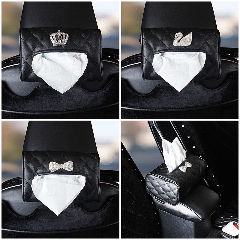 Car Seat Back Tissue Napkin Box Holder With Bling Crystal Crown/Swan/Bow Logo