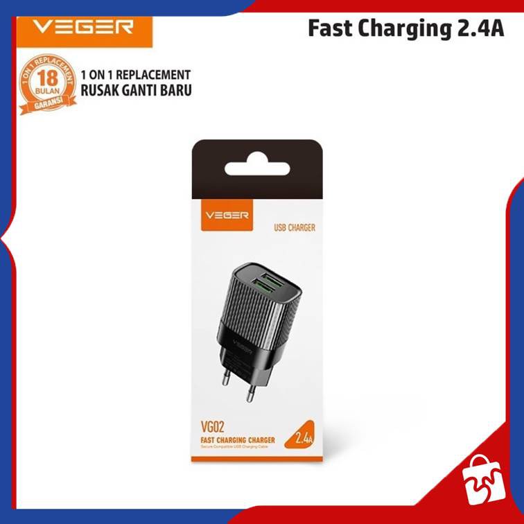 Adaptor Charger Cas VEGER VG02 2.4A Dual USB Fast Charging