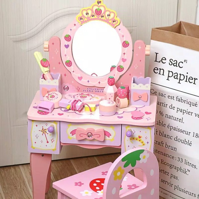 Wooden makeup table toys, meja rias anak, mainan meja rias kayu