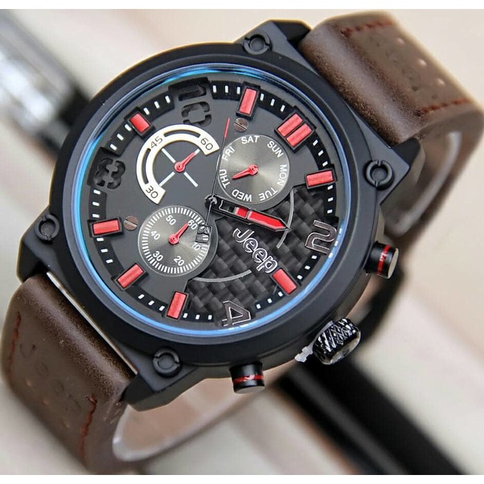 JAM TANGAN WATERRESIST JEEP FOR MEN CHRONO DARK BROWN LEATHER