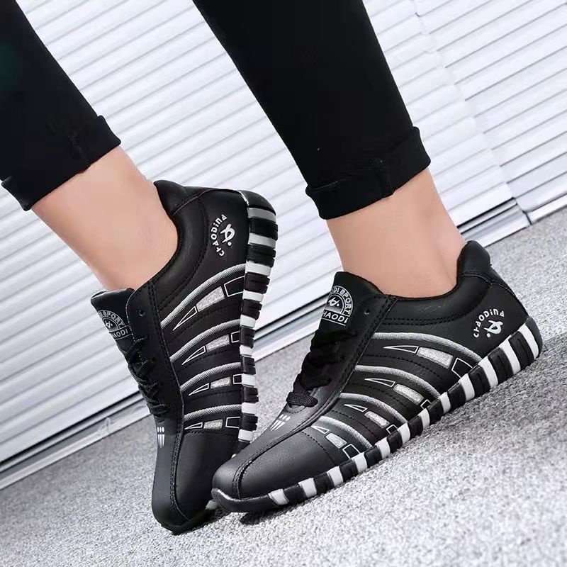 Kano style Fashion Wanita PU Striped Leather Casual Lace-up Sneakers