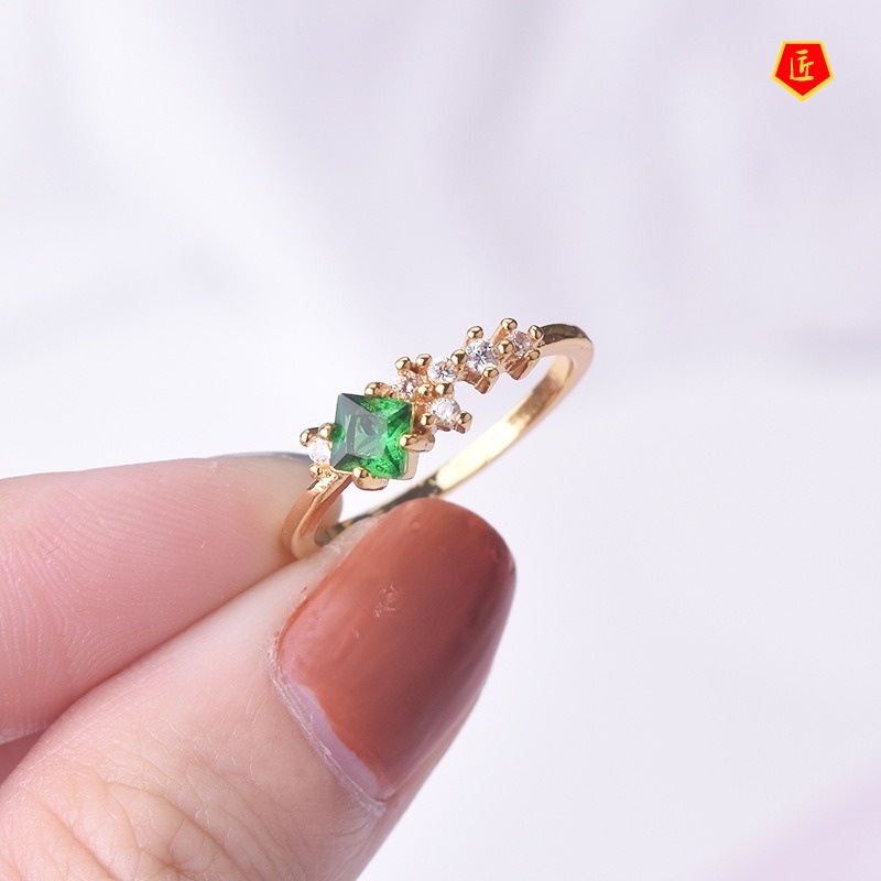 [Ready Stock]Simple Elegant 14K Gold Exquisite Green Square Rhinestone Ring