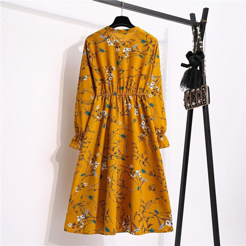 Bebovizi Midi dress korea Lengan Panjang Wanita Motif Bunga Model / Vintage / Casual Bahan Sifon