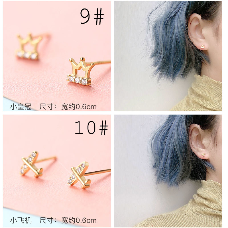 925 Perak Anting Murni Mini Kecil Bulan Bintang Zirkon Halus Anting Mahkota Kecil