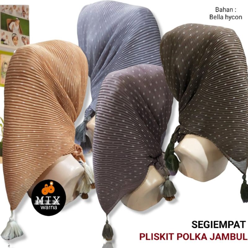 Isi 10 Pcs Jilbab Segiempat Plisket Motif polkaPremium / Hijab Segi Empat Pliskit Motif polka mix Po