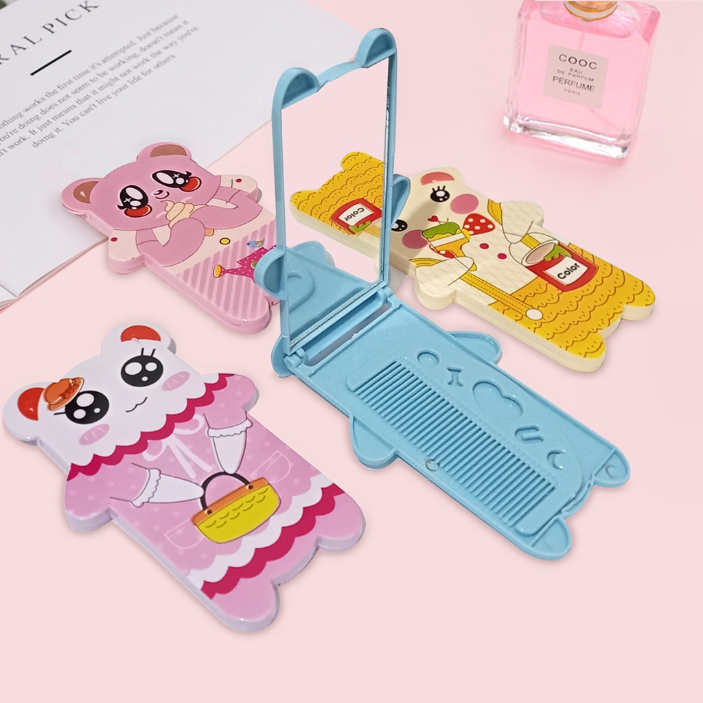 Cermin mini motif bear cermin lipat cermin sisir lucu terbaru