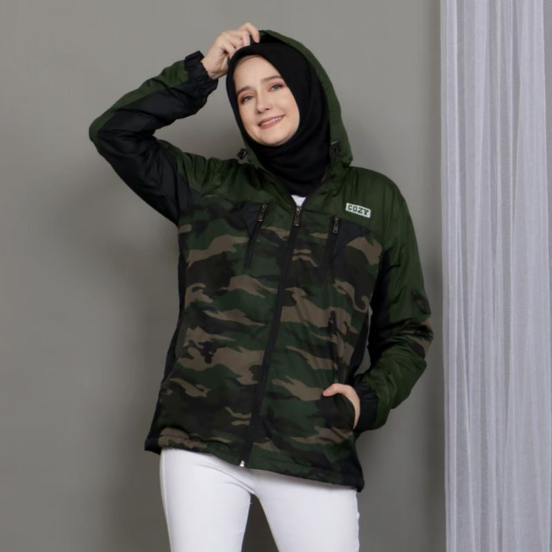 jaket outdoor wanita loreng army kombinasi, loreng hijau army allsize - XL