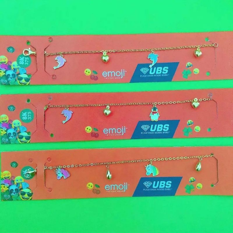 Gelang rantai anak dolphin, pinguin, unicorn, lumba, penguin UBS kadar 375 8K