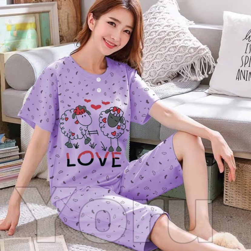 Pamelo.id Stelan C3/4 Baby Doll / Suplier Sleep Wear / Baju Tidur Wanita kaos Katun / Stelan Baju Tidur Murah Produk Terlaris Set HP-Domba Ungu