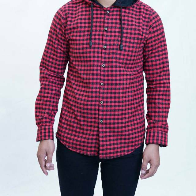 YB KEMEJA FLANEL PRIA MOTIK KOTAK MODEL KUPLUK SLIM FIT LENGAN PANJANG LONG SLEEVE RED CHECK HOODIE