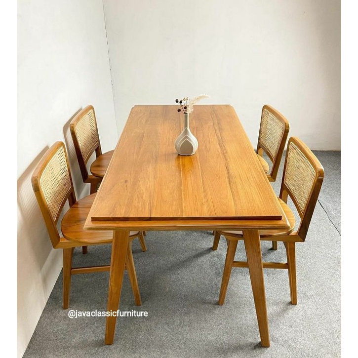 1 SET KURSI MAKAN CAFE ROTAN RETRO MINIMALIS MEJA KOTAK RESTO BAR DINNING CHAIR COFFE TABLE BAHAN KAYU JATI FINISHING NATURAL VINTAGE MEBEL FURNITURE JEPARA-4