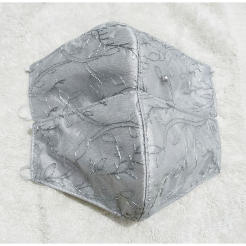 Masker Fashion Brukat Warna Abu2 Mutiara /Silver Tali Earloop dan Headloop (Hijab)