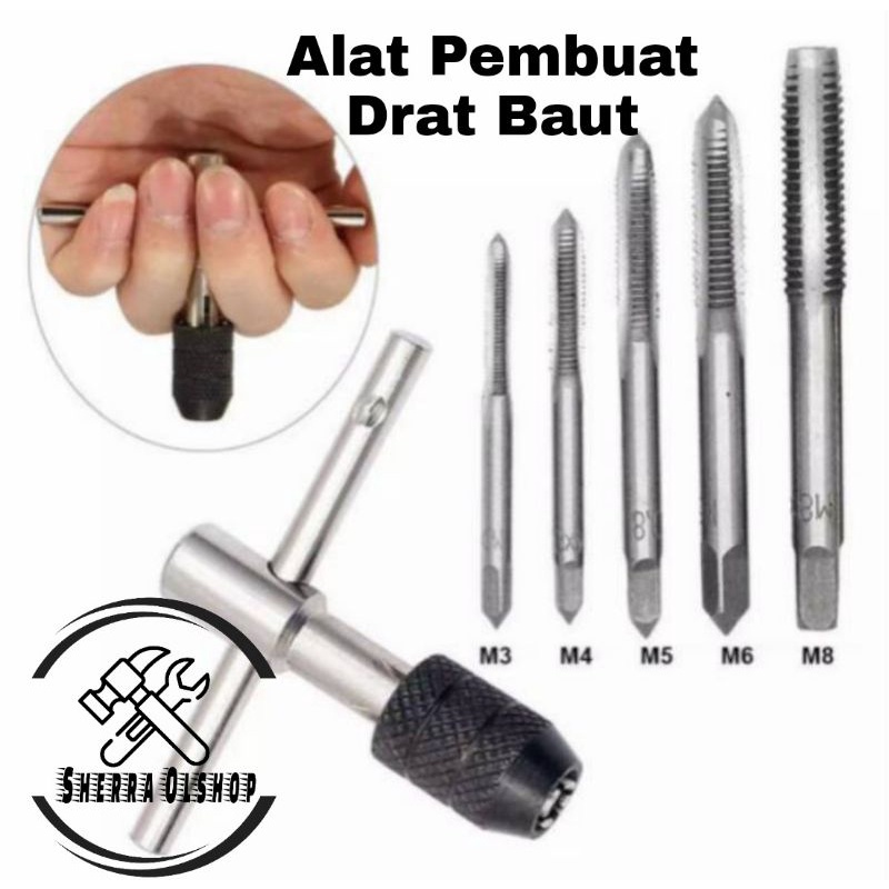 Alat Pembuat Drat Baut Hand Tap M3 M4 M5 M6 M8 + Gagang Pembuat Drat Baut Manual