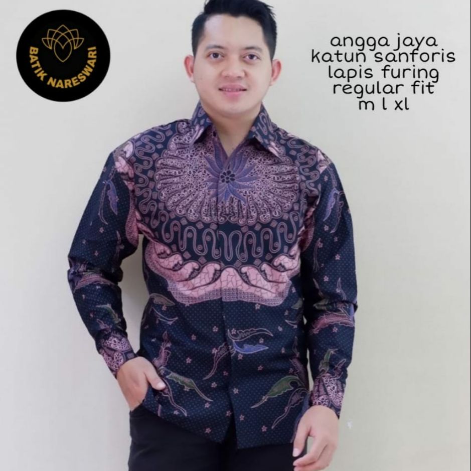 Kemeja Batik Lengan Panjang Warna Ungu Hitam Baju Batik Pria Terbaru Batik Lapis Furing NGGAR JAYA