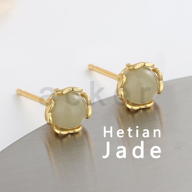 Anting Stud Giok Hetian Natural Untuk Wanita