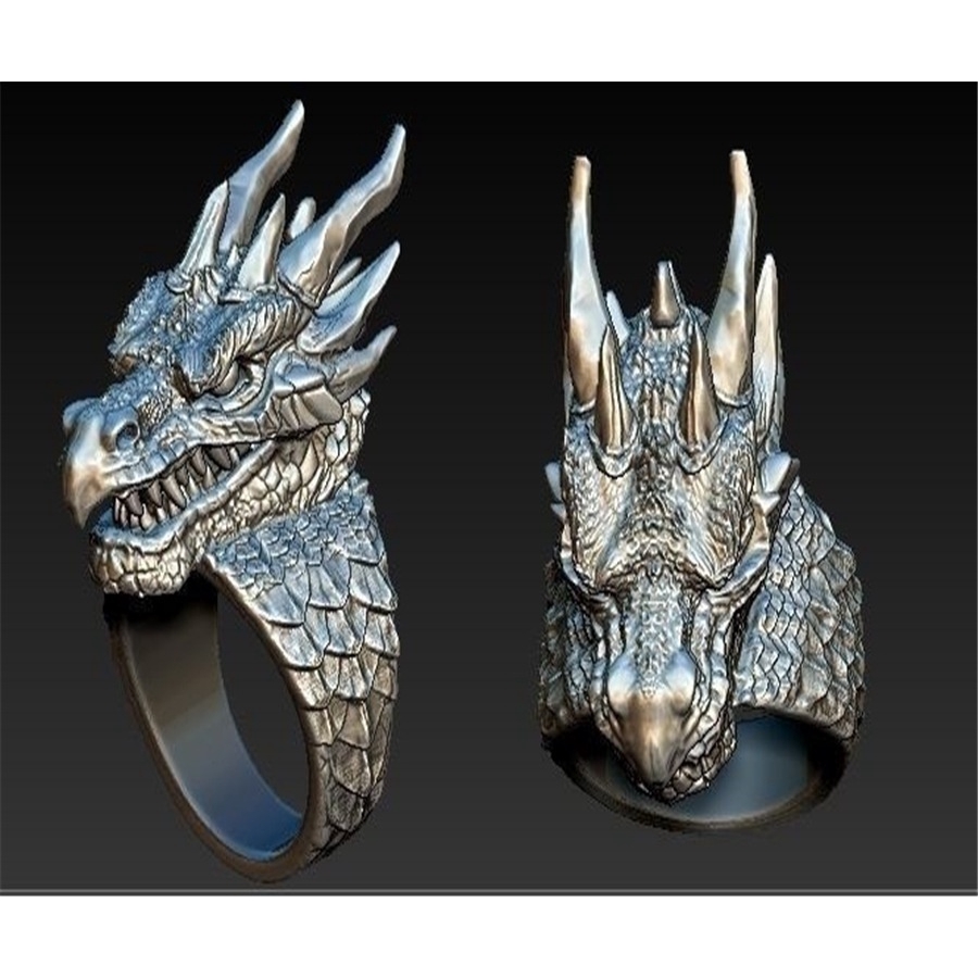 Cincin Bentuk Naga Gaya Punk Hip Hop Warna Silver Untuk Pria