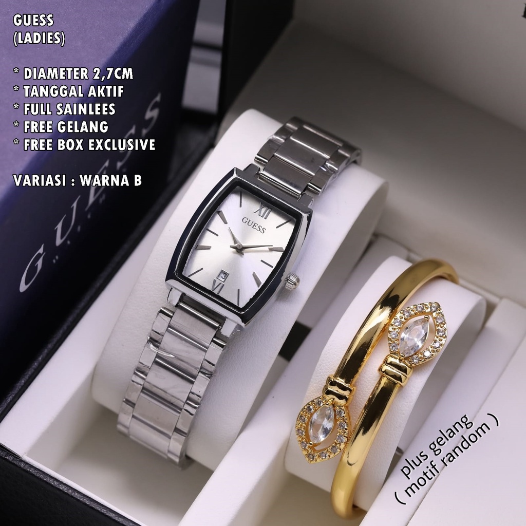 (BISA COD) JAM TANGAN WANITA GUESS RANTAI OVAL TANGGAL AKTIF FREE GELANG