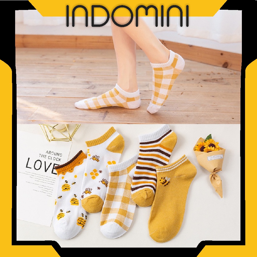 INDOMINI Kaos Kaki Wanita Motif Bunga Lebah Bee Kuning Fashion Korea Women Sock Import K002