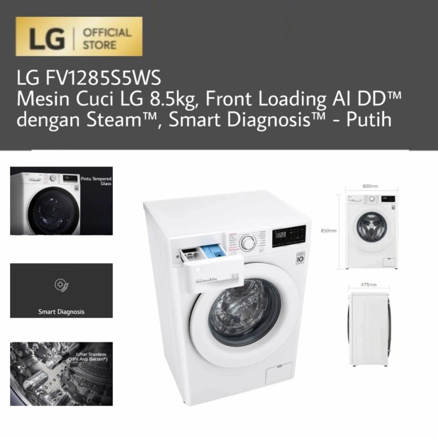 Mesin Cuci LG 8.5kg Front Loading FV1285S5WS dengan Steam - Smart Diagnosis