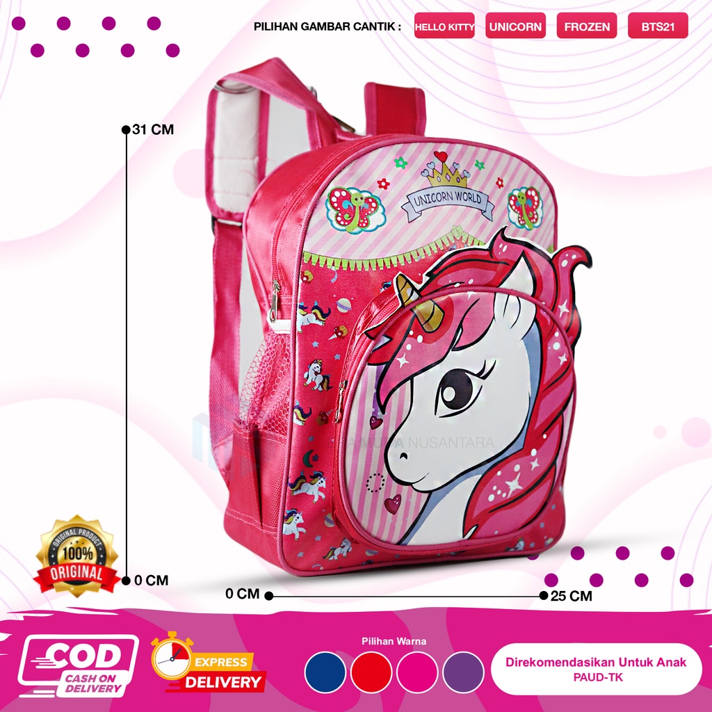 Tas Ransel Anak Sekolah Ngaji Paud | 12 INCH Paud TK 3-5 tahun UNICORN LOL FROZEN BTS21