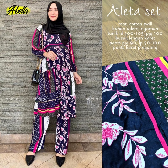Aleta Setelan Tunik & Celana Katun Twill Motif Bunga