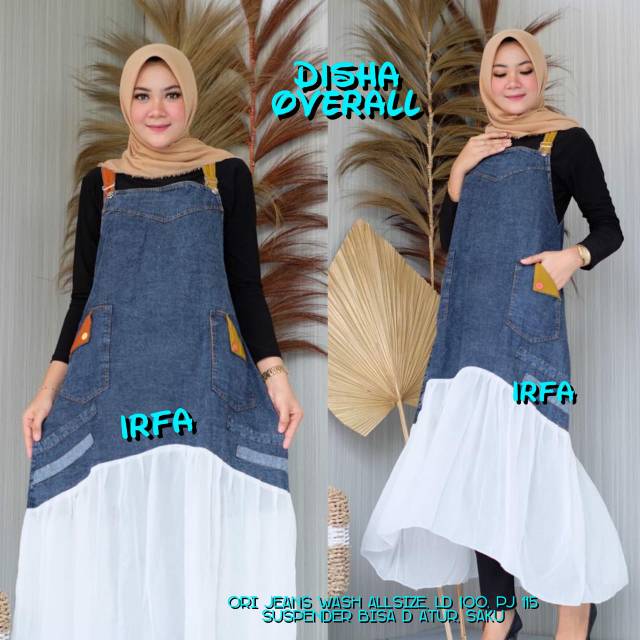 Overall snow kombinasi siffon/overall jeans/rok jeans/rok panjang/rok kombinasi/rok casual/rok hits