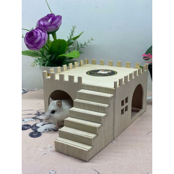 Rumah Hamster Istana Benteng 2 sisi Pintu Mainan Hamster Model Kayu