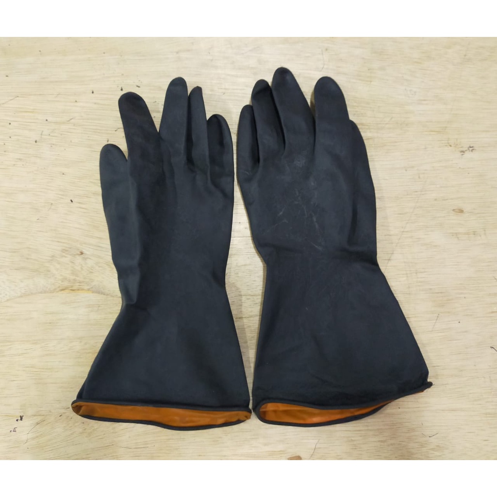 Sarung Tangan Latex Karet Hitam Orange Panjang Safety Glove KM