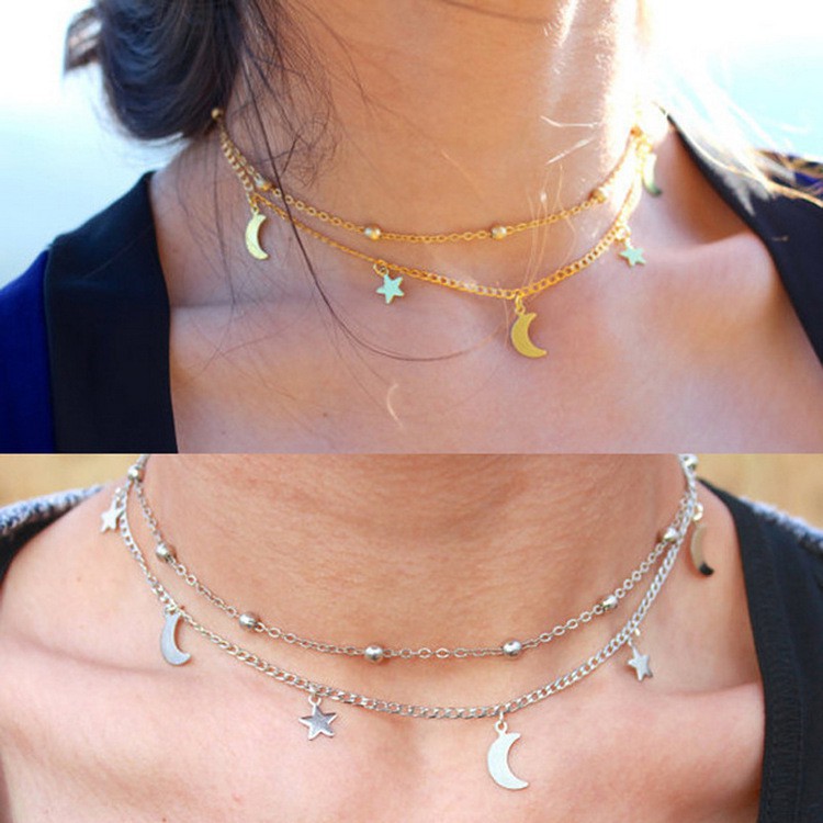 Kalung Rantai Multi Layer Liontin Bulan / Bintang / Bulan / Bintang Ala Boho Simple untuk Wanita