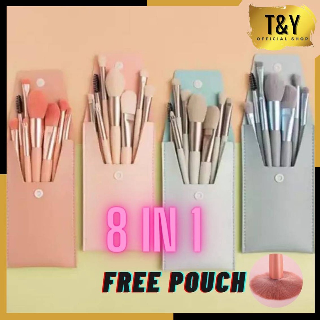 T&amp;Y Kuas Make Up 8 IN 1 Free Pouch Make Up Brush 8Pcs Mini Travel Cosmetic Brush Make Up Tools Set