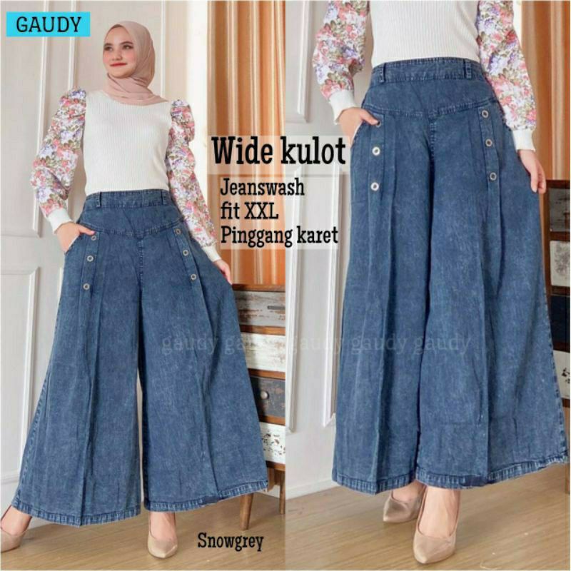 Wide Kulot Jeans Wash Celana Variasi kancing Gaudy