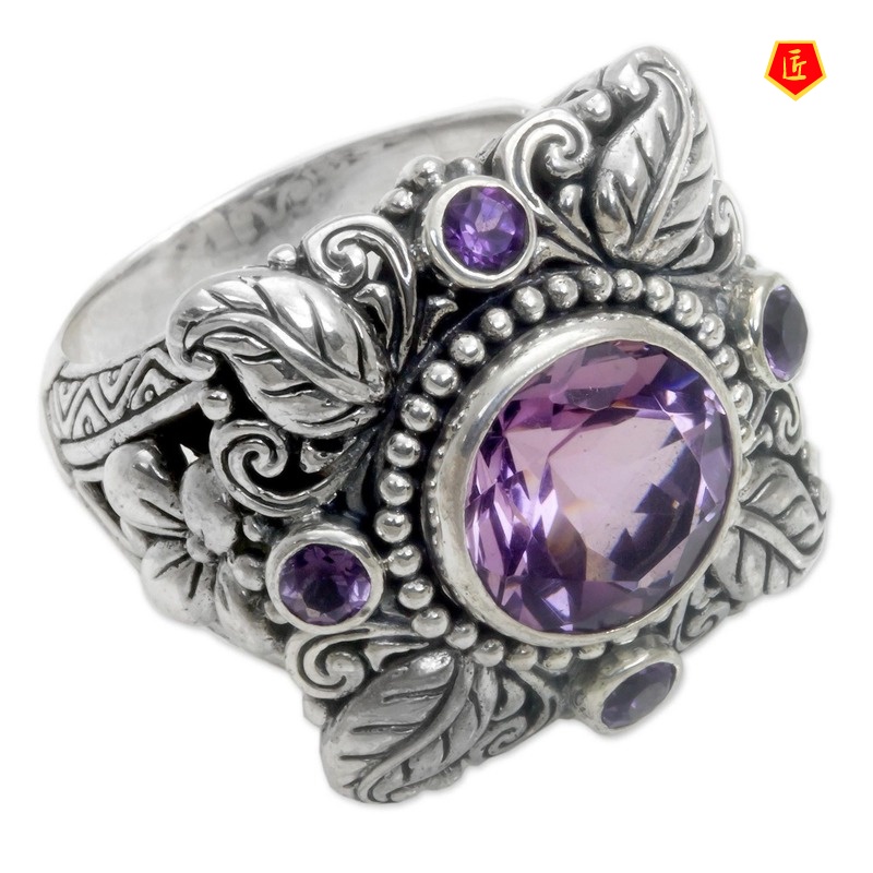 [Ready Stock]Luxury Natural Amethyst Ring 925 Vintage Silver