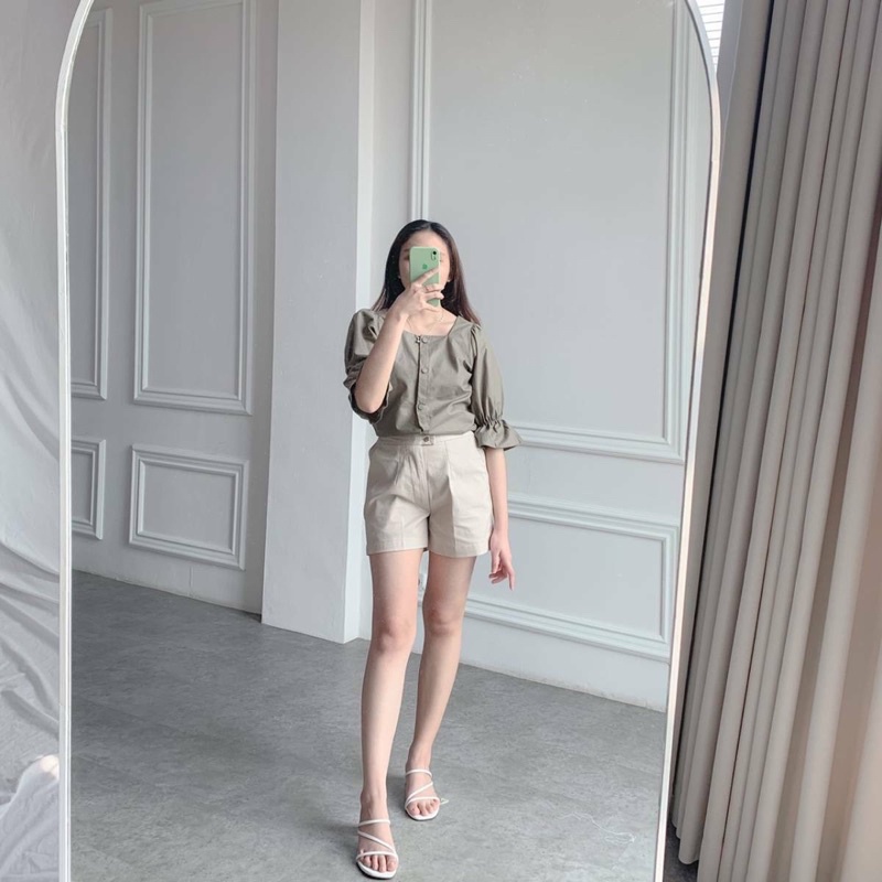 FALIE TOP BAJU ATASAN BLOUSE WANITA LENGAN PENDEK BAHAN KATUN COTTON RUFFLE POLOS FUCHSIA SHOCKING PINK BUTTER PASTEL YELLOW TEA PASTEL GREEN ROUGE DARK PINK LIGHT BLUE DARK BLUE-4