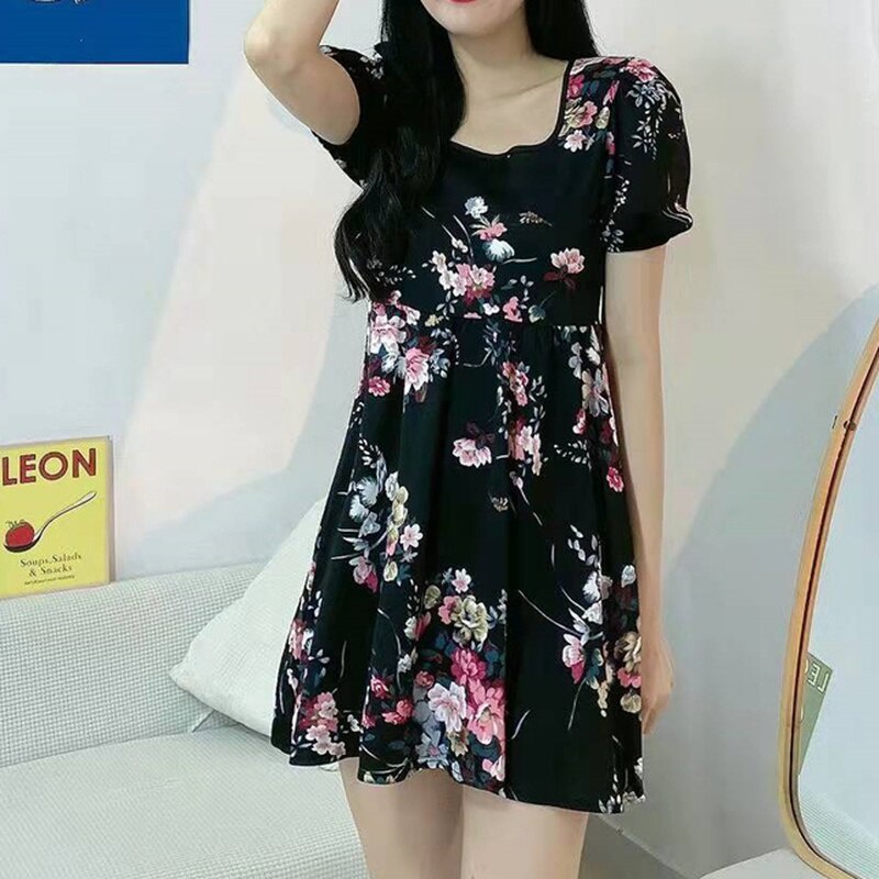 Bohemian Musim Panas Lengan Pendek Dicetak Floral Mini Dresses Wanita A-line Kasual Dress