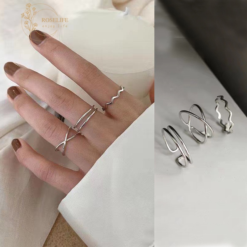 Roselife 3PCs / Set Cincin Gaya Korea Desain Geometri Gelombang Silang Warna Silver Untuk Wanita