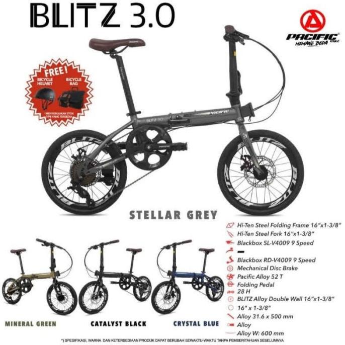 Sepeda Lipat Pacific Blitz 3.0 16 Plus 9 Speed Free Tas + Helm