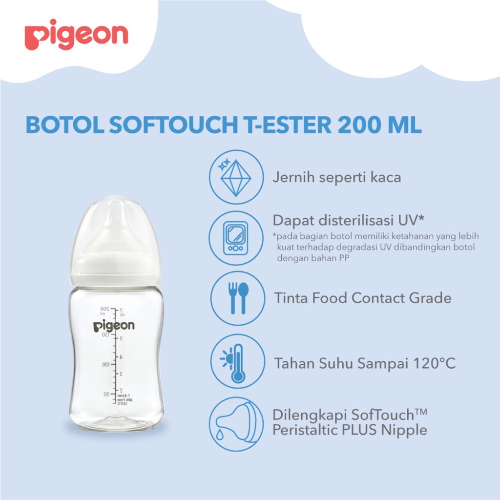 Pigeon SofTouch Peristaltic Plus PP Wide Neck Bottle T-Ester White 0m+ Bulan Botol Susu 200ml