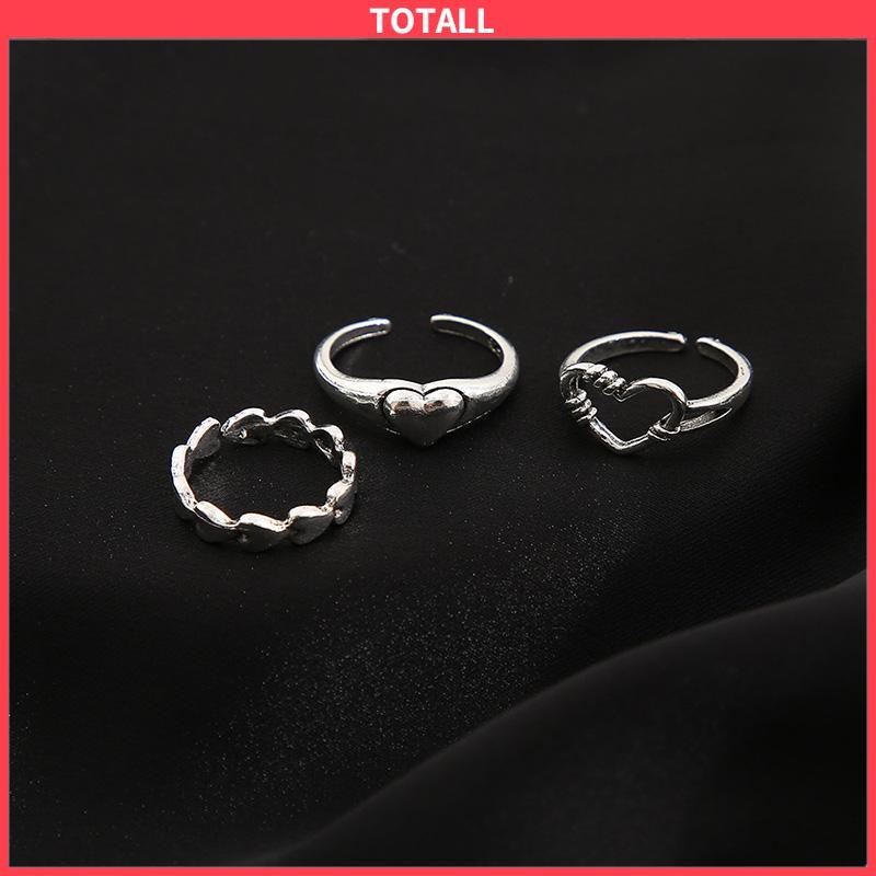 COD 3pcs Cincin Model Terbuka Desain Gelombang Hati Warna Silver Gaya Vintage Untuk Wanita-Totall