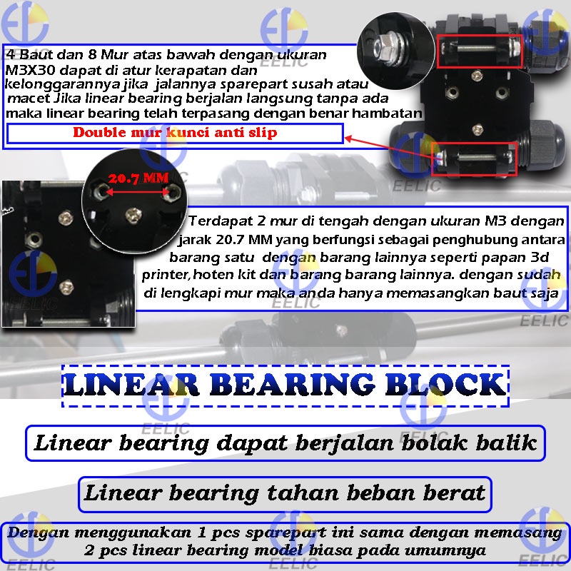 EELIC SCS-45D8SET Linear bearing block acrylic dengan ukuran 45 mm diameter lubang besi 8 mm sparepart 3d printer