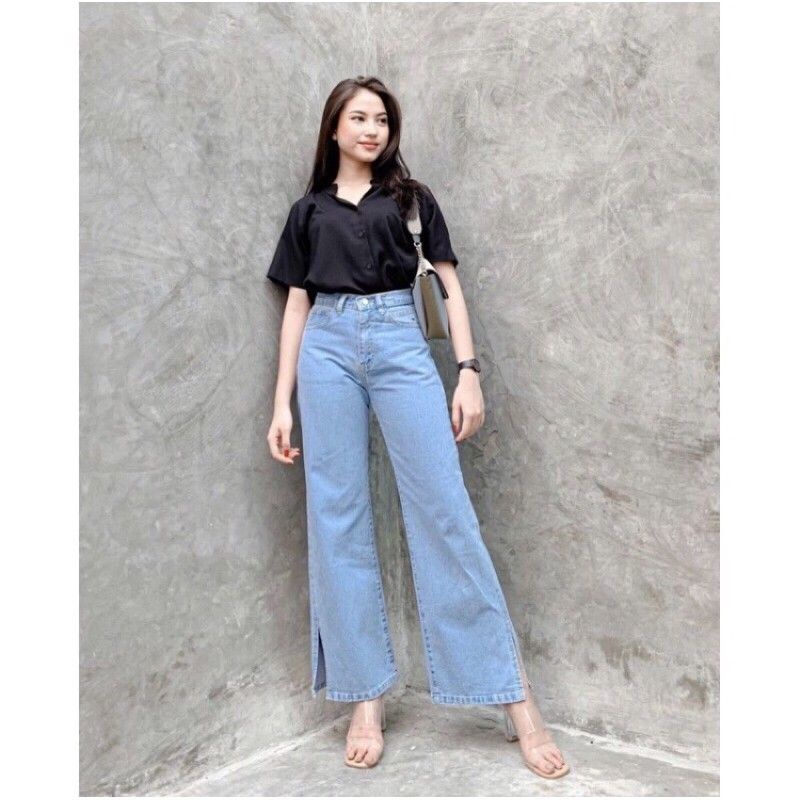 YAOSHI - Celana Highwaist Jeans Wanita - Boyfriend Kulot Jeans Eonni - BF Kulot Eonni Kaki Belah 27-34